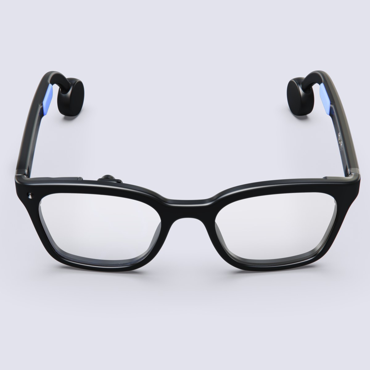 Halo seen from the front, showing the rectangular black frame, the sensor dot above the left lens, and the round bone conduction pucks curled at the ends of both arms