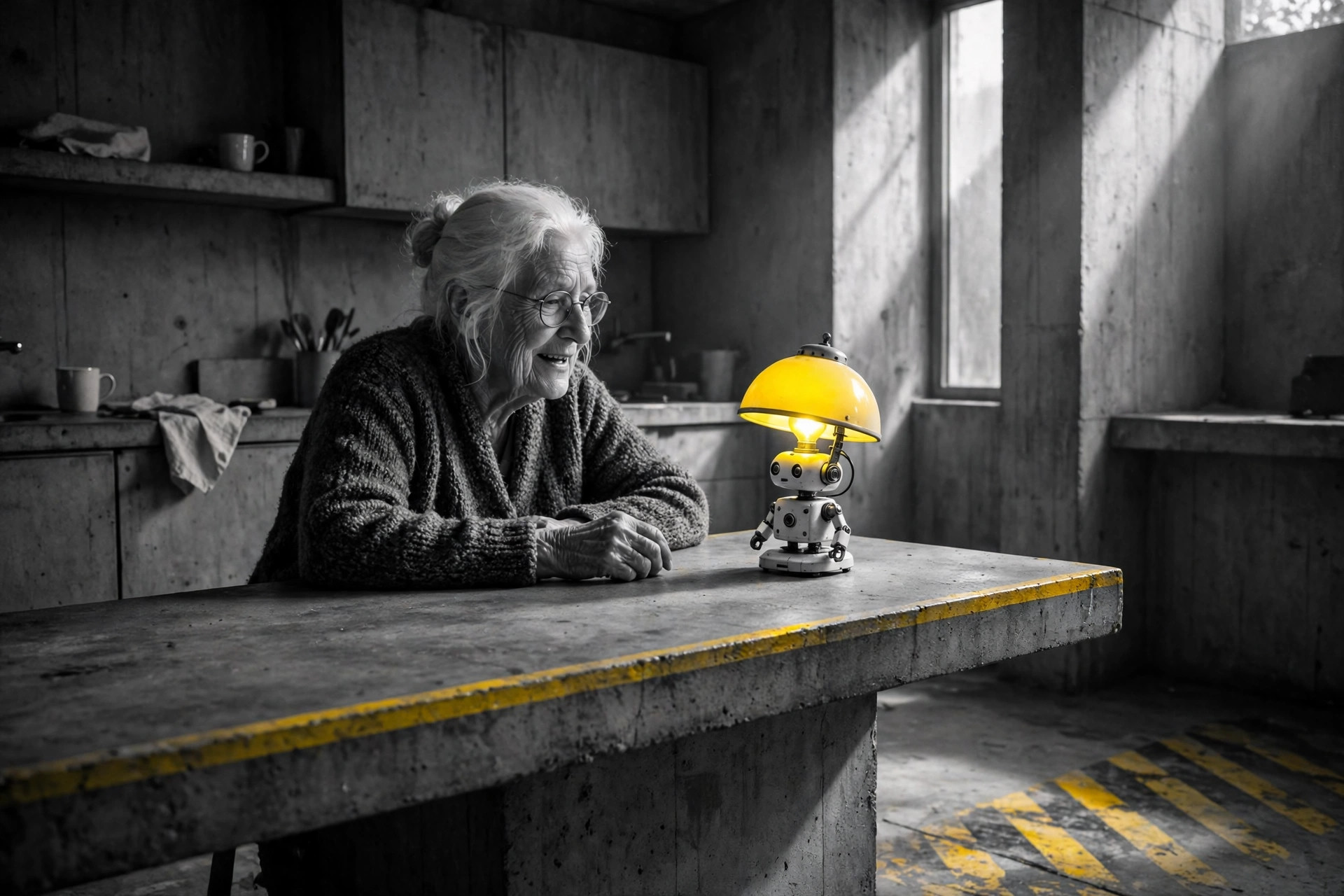 An older woman with white hair smiling at a small tabletop companion robot with a glowing caution yellow lamp head, at a concrete table in a brutalist concrete kitchen, hazard stripes on the floor.