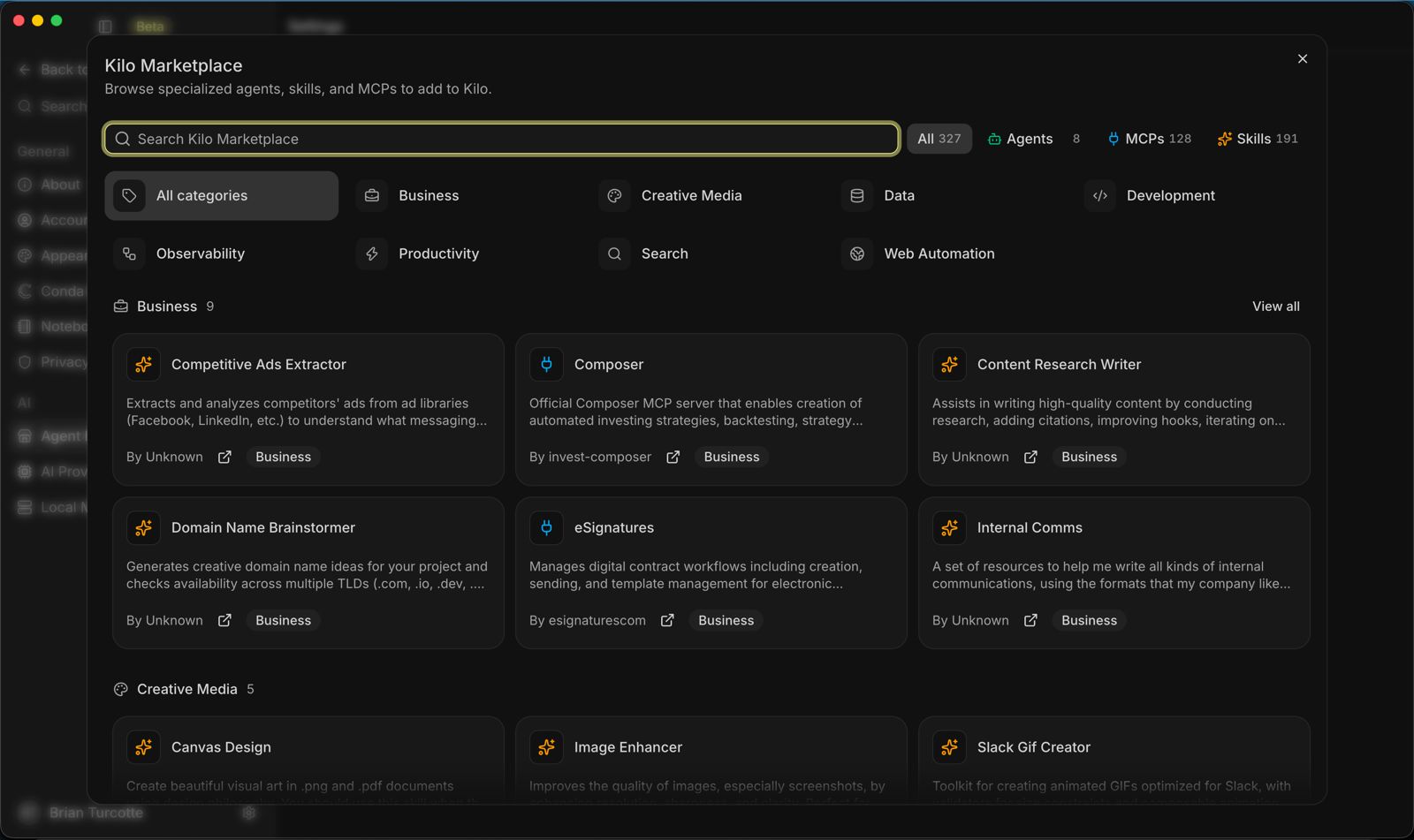 Kilo Desktop settings for the built in local model server