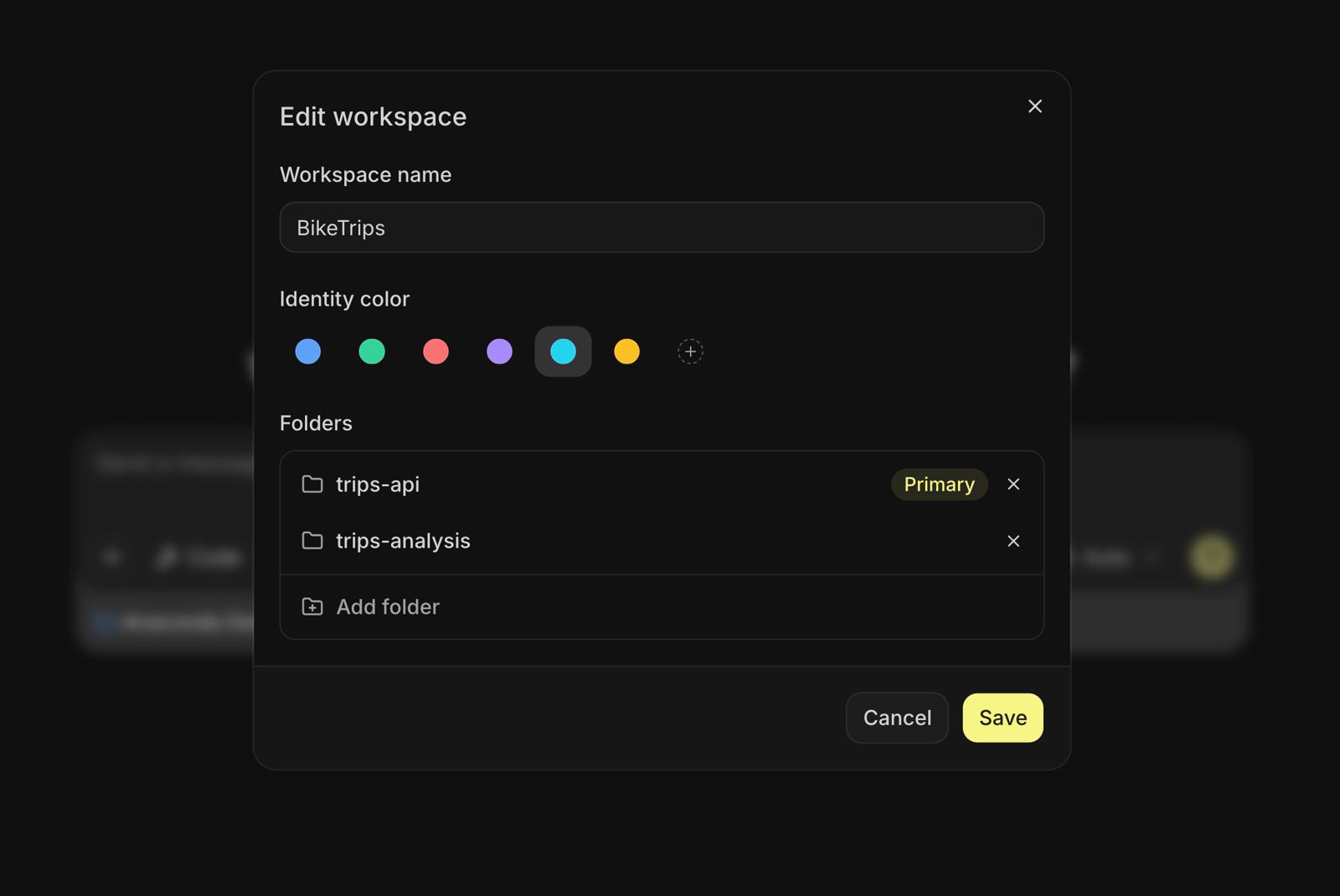 The Edit workspace dialog in Kilo Desktop, grouping an API folder and an analysis folder into one named workspace