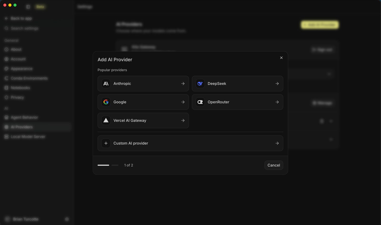 The Add AI Provider dialog in Kilo Desktop, listing Anthropic, DeepSeek, Google, OpenRouter, and Vercel AI Gateway, with a custom provider option below