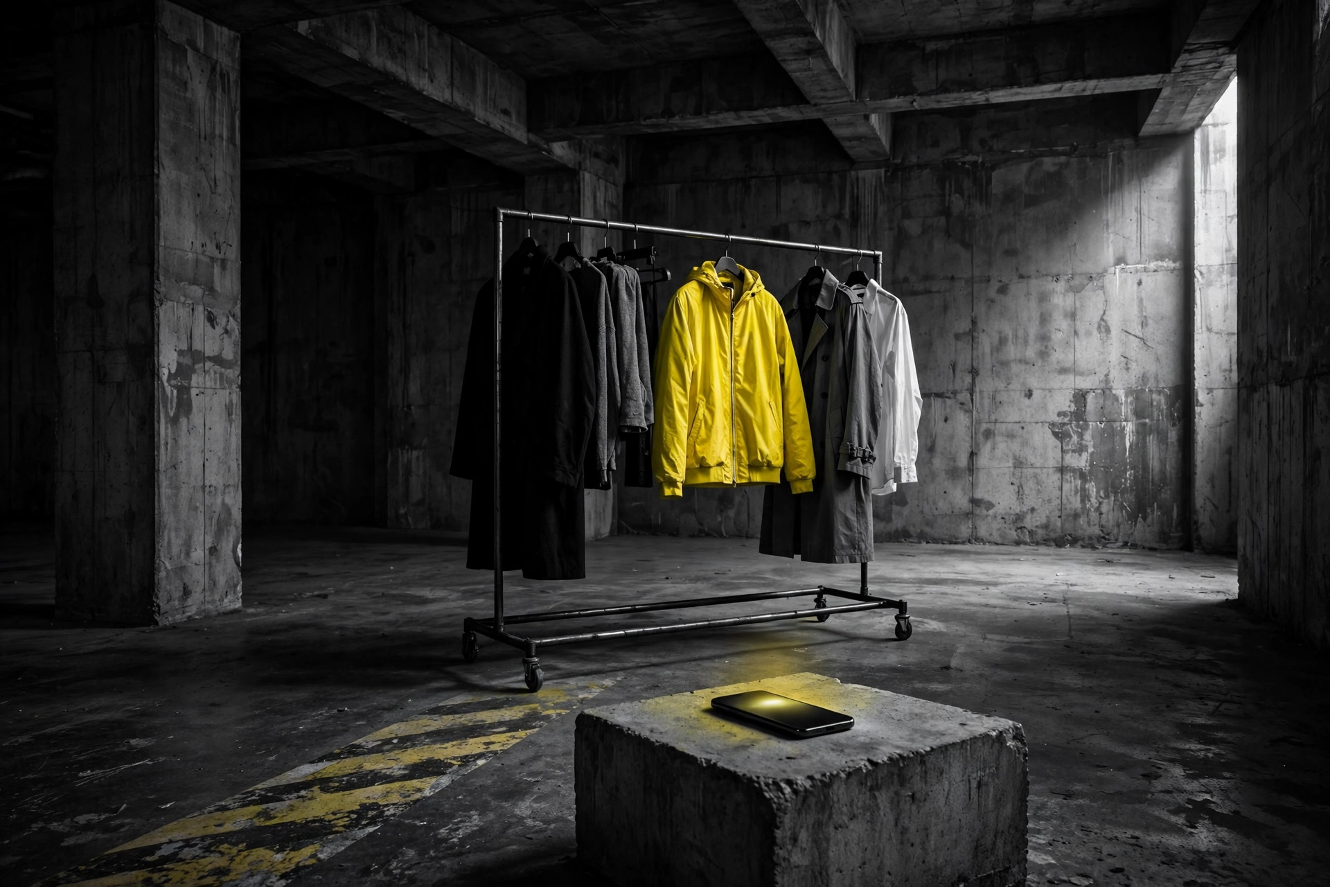 A clothing rack of monochrome garments in a dark brutalist concrete hall, one caution yellow jacket in the middle, a phone glowing yellow on a concrete plinth, and a worn hazard stripe on the floor.