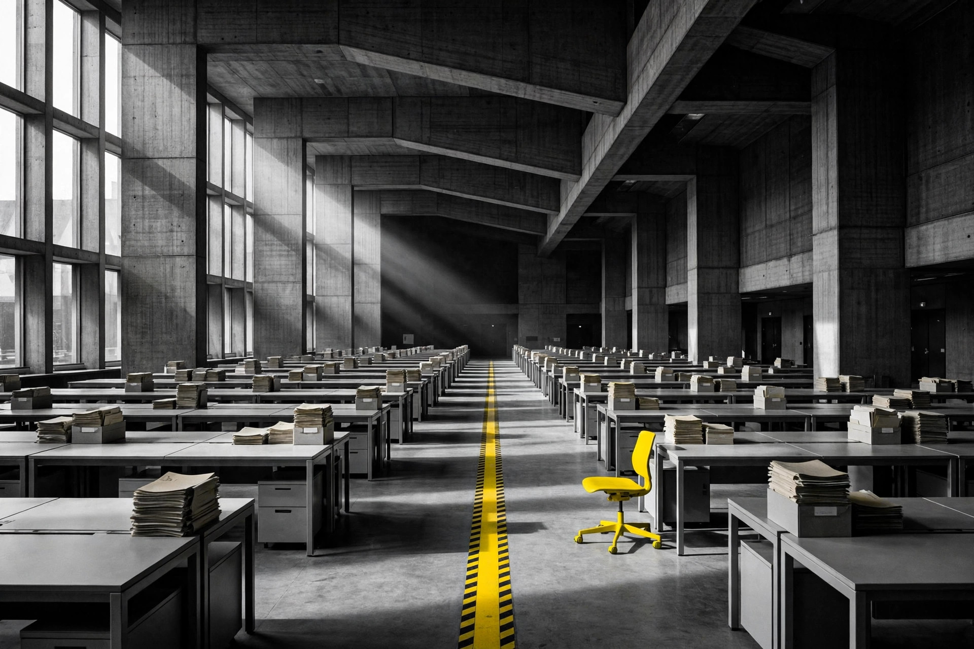 Rows of empty desks in a vast concrete government hall, paper stacks on every desk, a caution yellow stripe down the central aisle and a single yellow chair