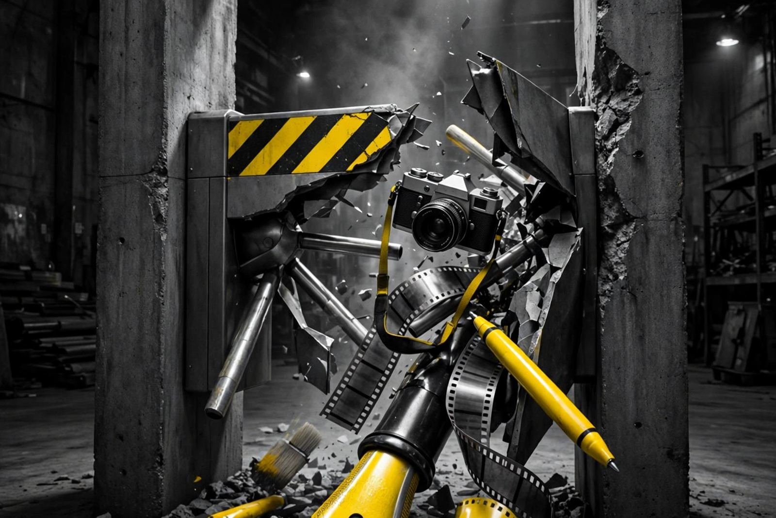 A concrete paywall turnstile with hazard stripes smashed open in a dark warehouse, a camera, a giant yellow pen nib, a film strip and a paint brush spilling through the gap
