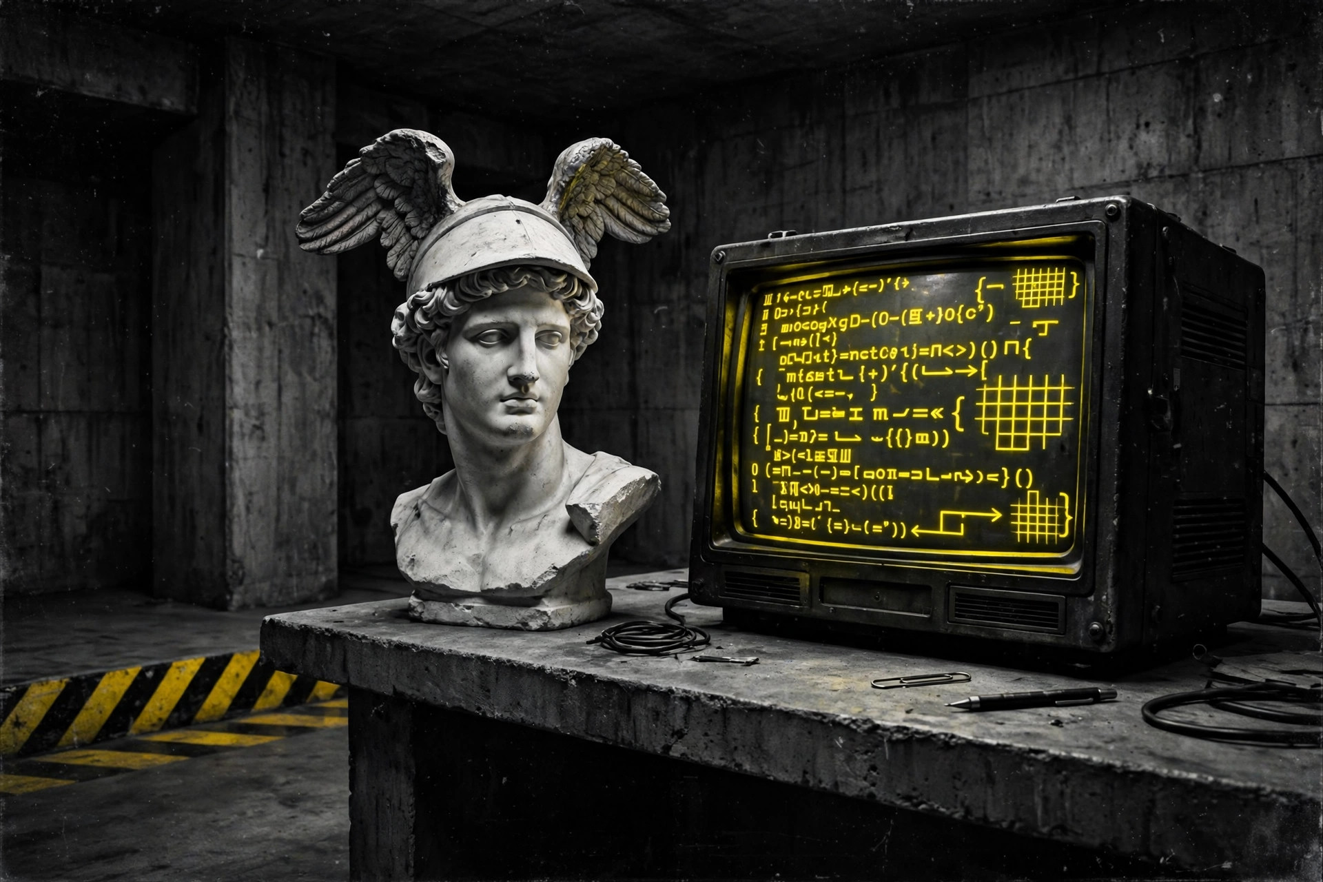 A marble bust of Hermes wearing a winged helmet on a concrete desk beside an old terminal glowing yellow with abstract code, in a dark concrete room with a hazard stripe on the floor.