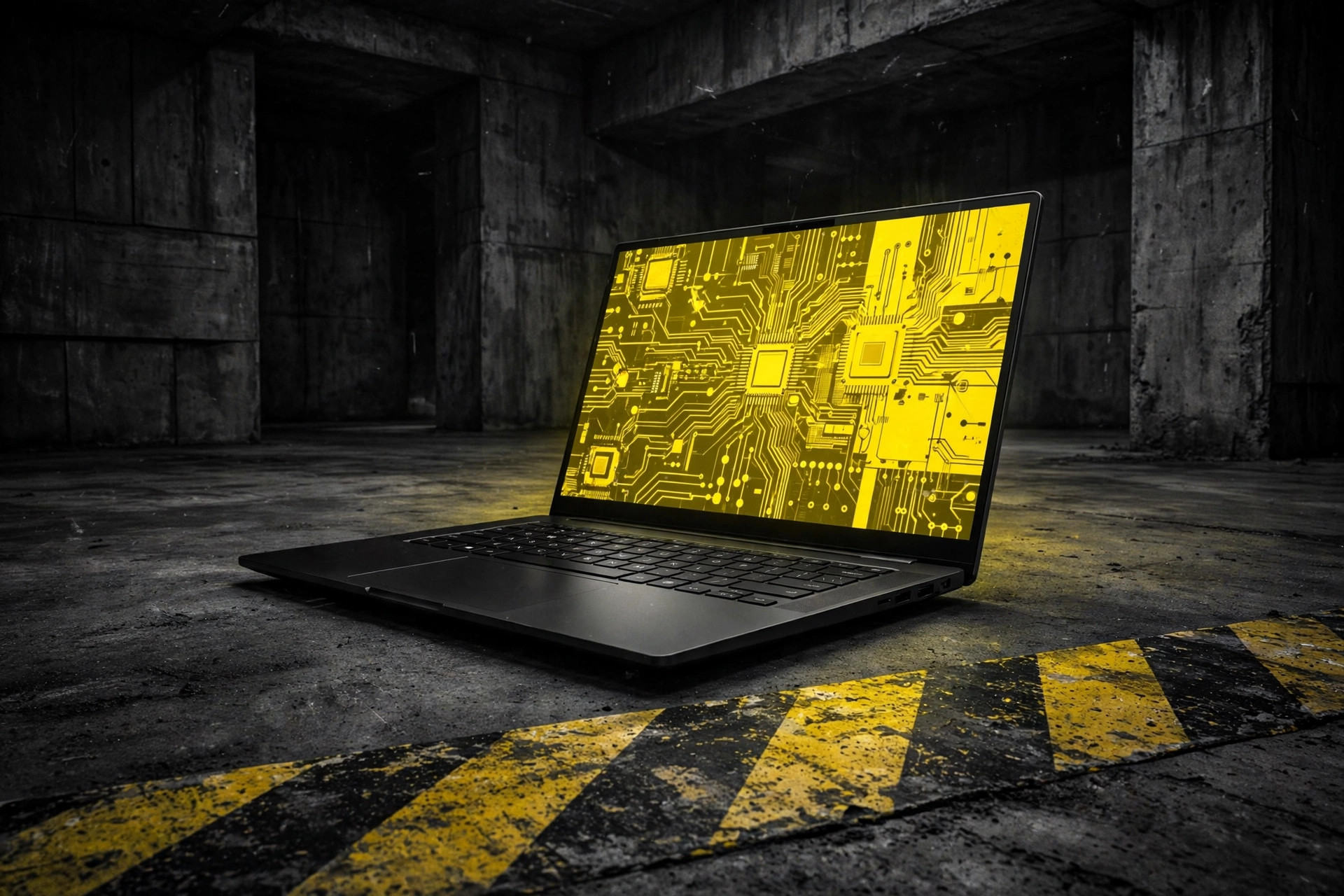 A sleek black laptop open on the concrete floor of a dark bunker, its screen glowing caution yellow with a circuit board pattern, and a worn hazard stripe painted across the floor in front of it.