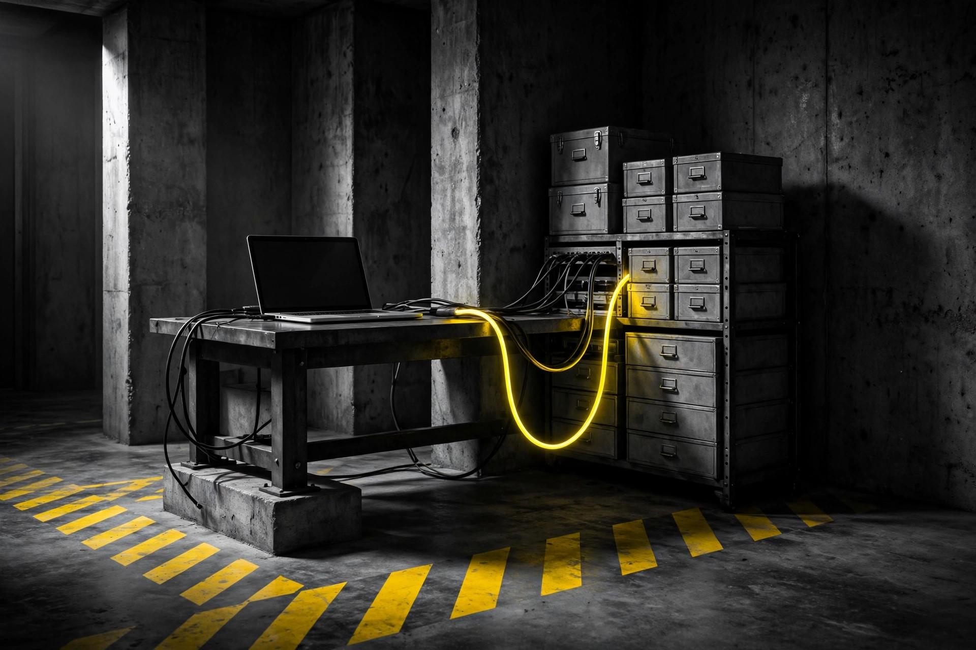 A laptop on a steel desk in a dark concrete room, cabled to a rack of metal tool drawers, one cable glowing caution yellow, hazard stripes on the floor.