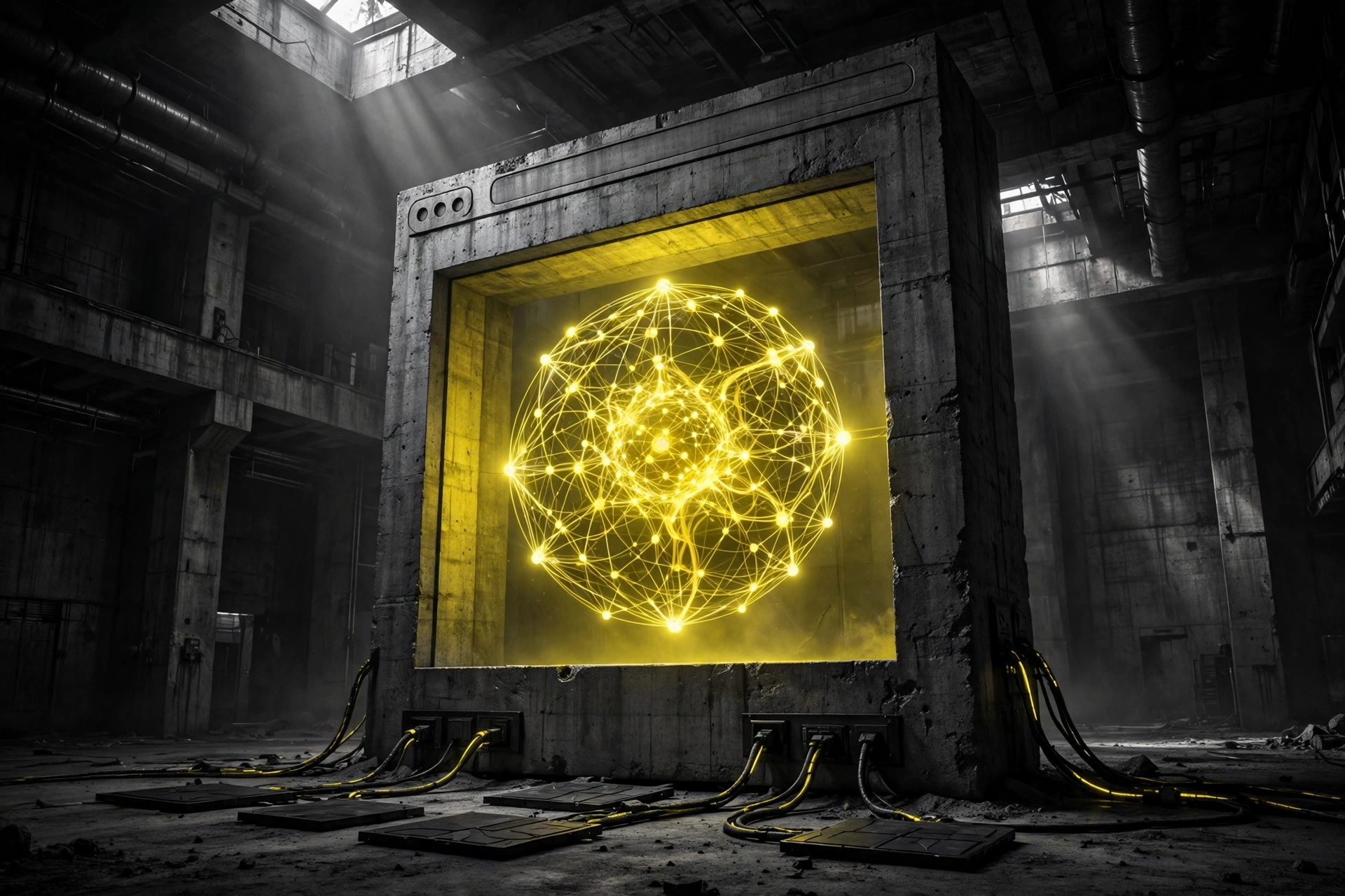 A giant concrete browser window standing in a dark industrial hall, a glowing yellow neural network inside it, cables running across the floor to dark panels