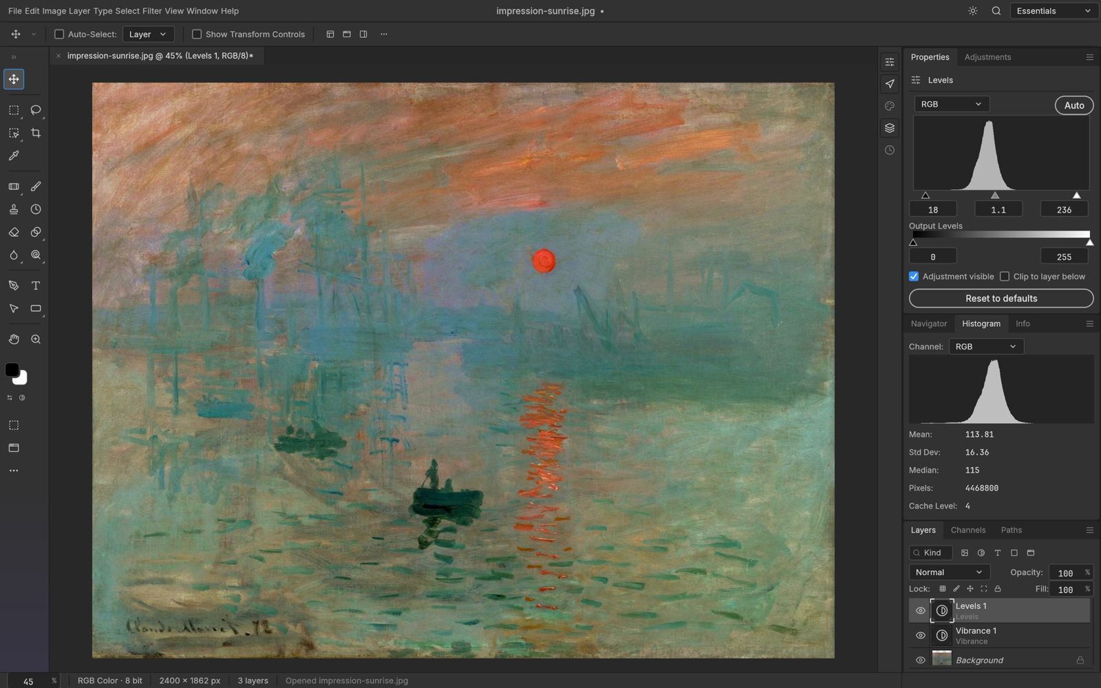 PhotoCraft with Levels and Vibrance adjustment layers on Monet’s Impression, Sunrise, and the live histogram panel open