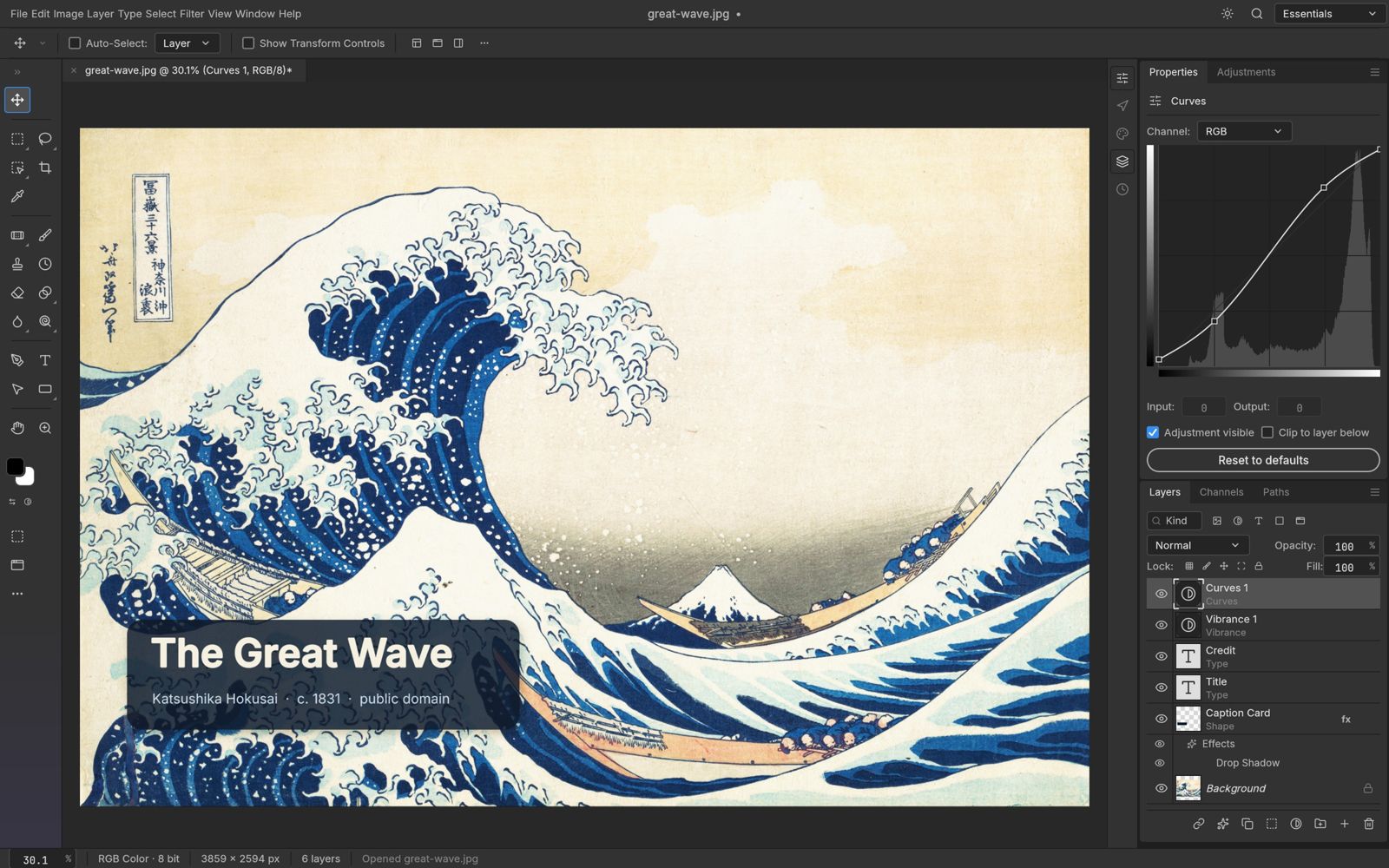 PhotoCraft editing Hokusai’s Great Wave: a caption card with live type layers, Vibrance and Curves adjustment layers, and the Curves editor open