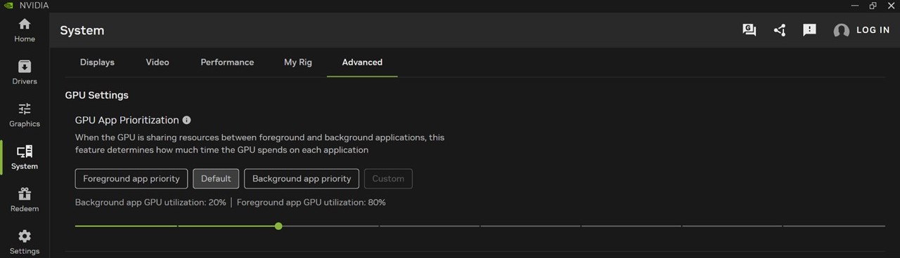 The NVIDIA App GPU App Prioritization panel, with the split set to 80 percent foreground and 20 percent background