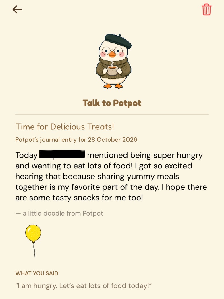 The Waddle World journal screen: a pet named Potpot has turned &ldquo;I am hungry. Let&rsquo;s eat lots of food today!&rdquo; into an entry titled Time for Delicious Treats, with a balloon doodle