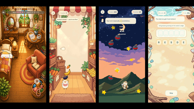 Four frames of Waddle World: the pet&rsquo;s cozy room, the grocery stacking game, the star catching game, and the word game